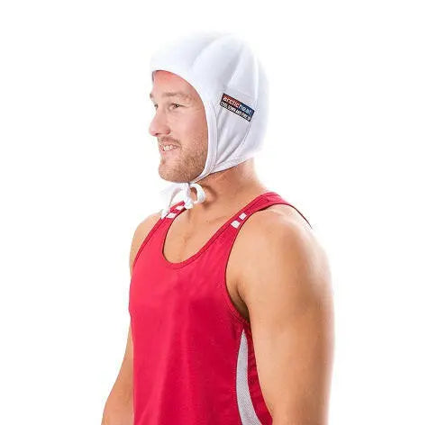 Man wearing Arctic Heat white cooling cap — cooling cap for hot weather and heat sensitivity