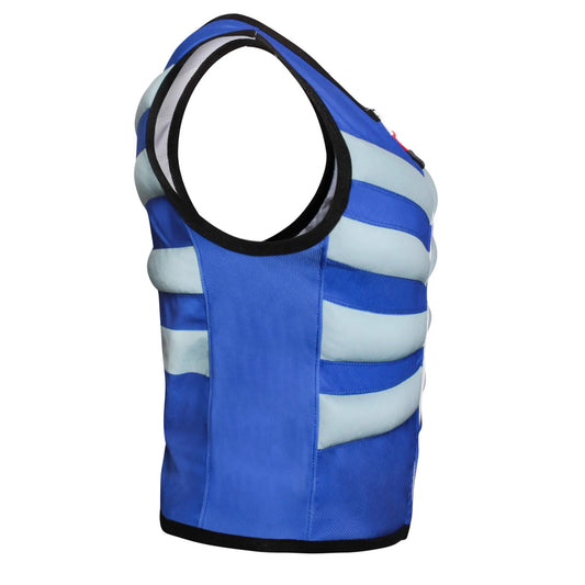 Arctic Heat blue cooling vest side view — worn by athlete during outdoor activity