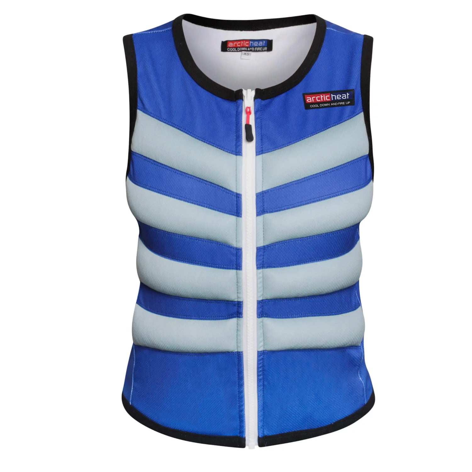 Arctic Heat blue cooling vest front view — lightweight gel cooling vest for sport and work